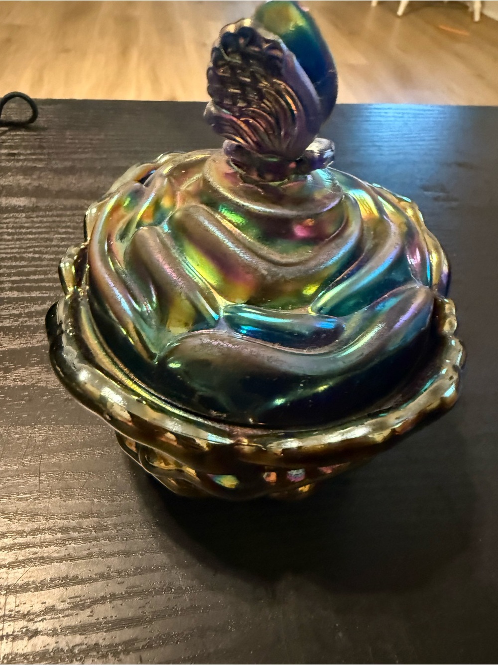 Vintage rare Iridescent Multicolor Glass Lidded Accent Jar